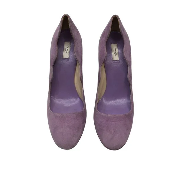 Prada Womens High Heels 38 Lavendar Suede Scalloped Edge Platform Leather Pumps - Picture 2 of 11